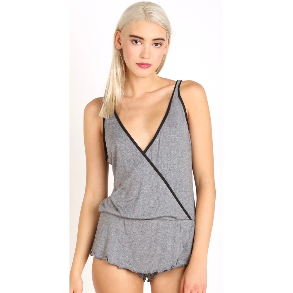 Beach bunny  Intimately Heather Gray Ribbed Wrap Front Romper Black Loungewear S